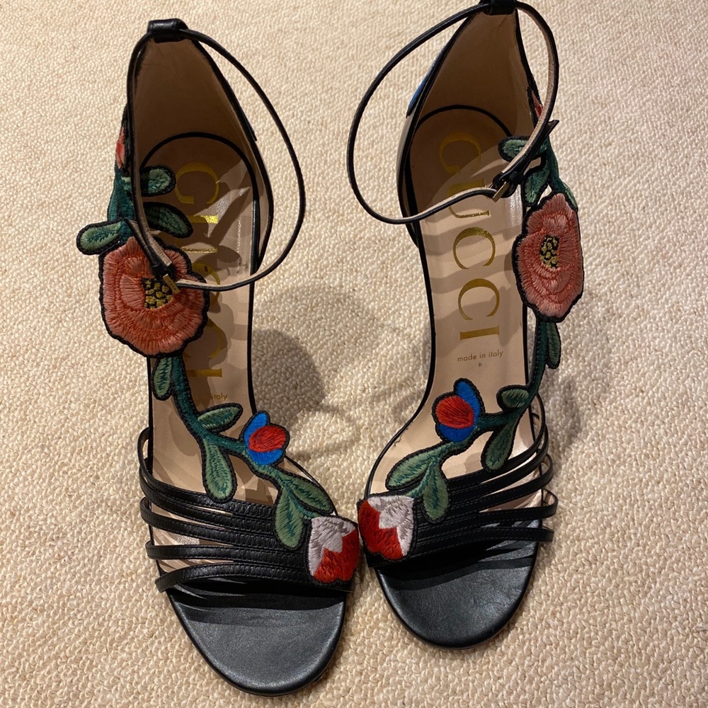 Gucci Black Ophelia Embroidered Leather HEELS